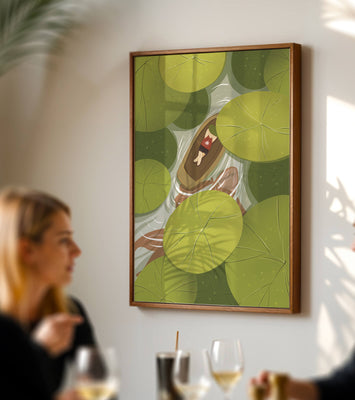 Person in boat among lush green lily pads