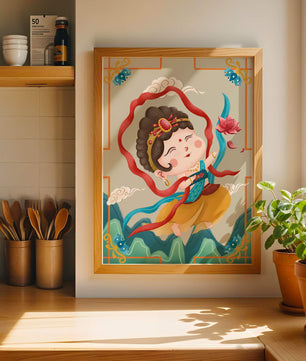 Whimsical illustration of a joyful child deity with lotus and clouds