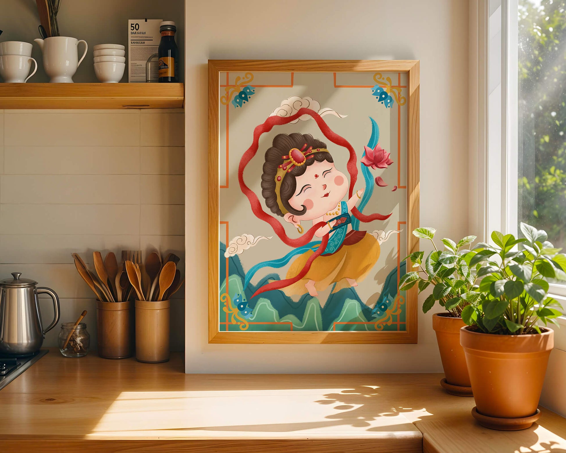 Whimsical illustration of a joyful child deity with lotus and clouds