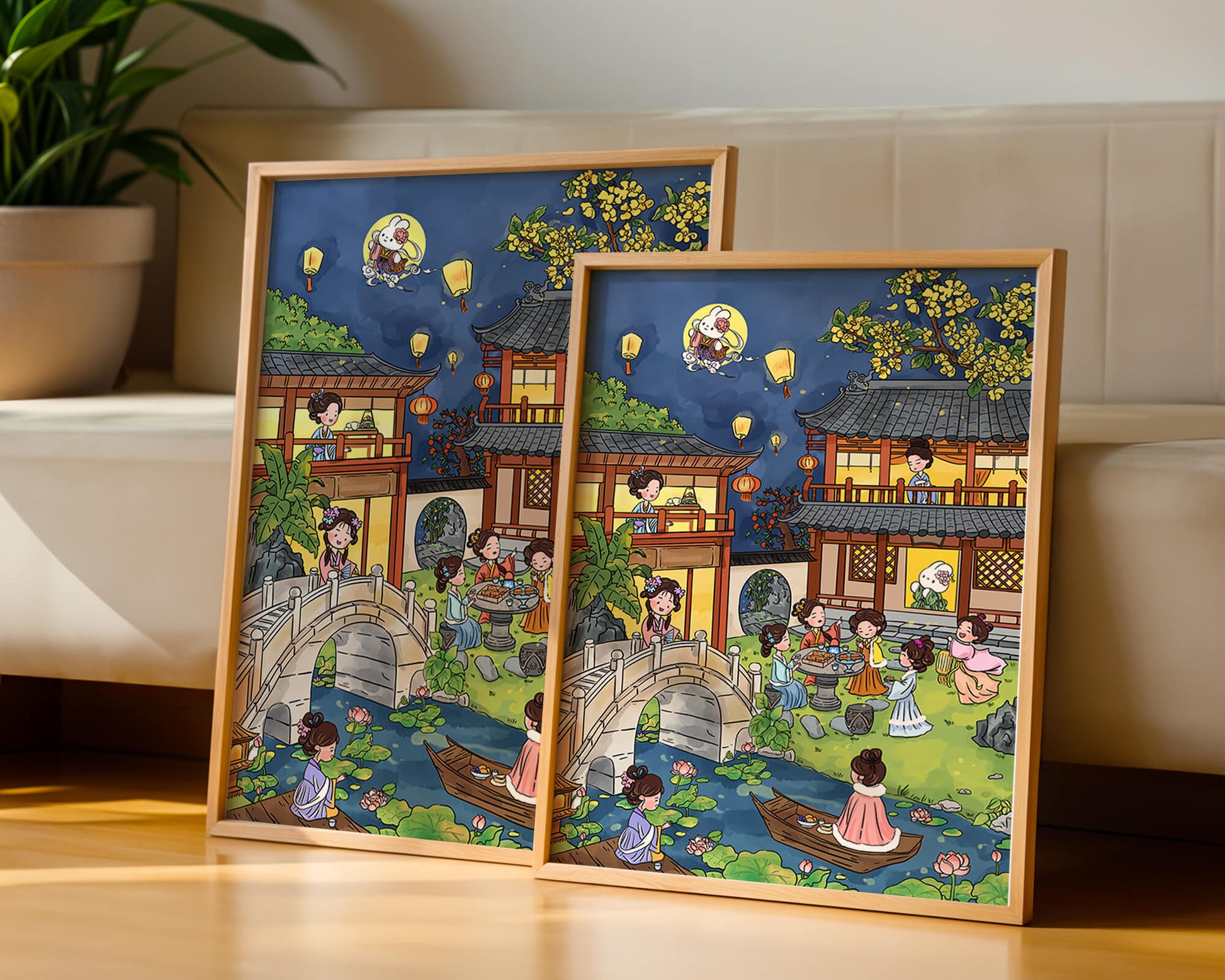 Escena de jardín chino tradicional con linternas y conejo lunar