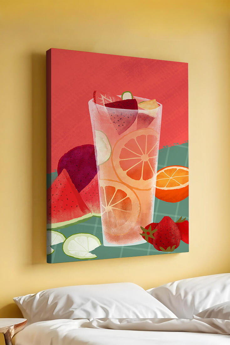 Ilustración de cóctel de frutas refrescante con cítricos y sandía.