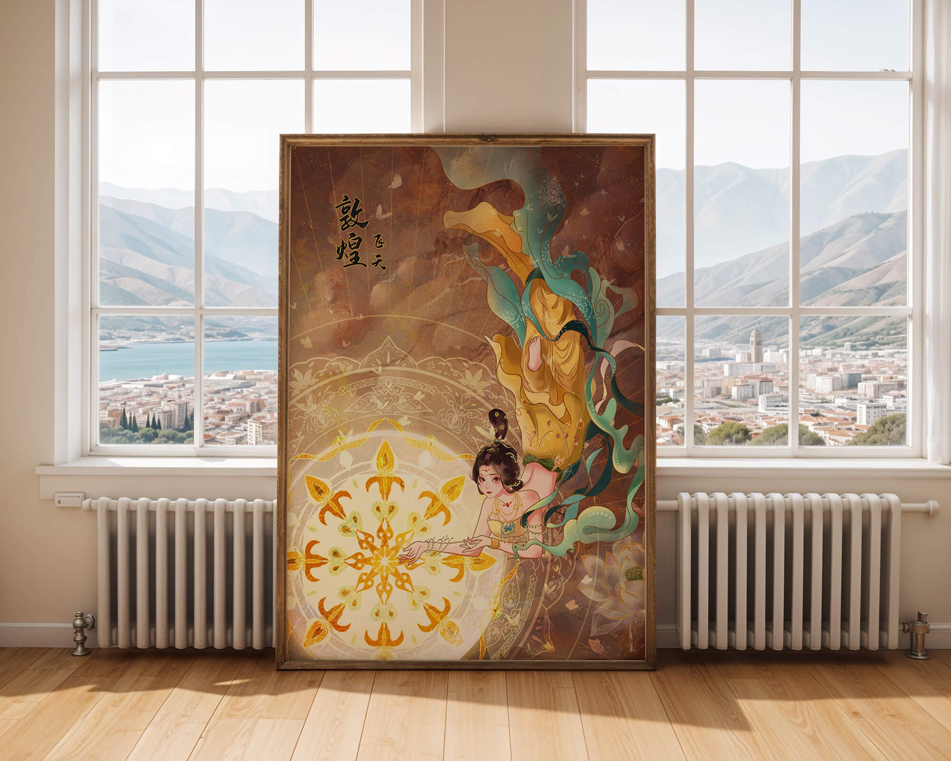 Figura celestial elegante con aura dorada y motivos florales