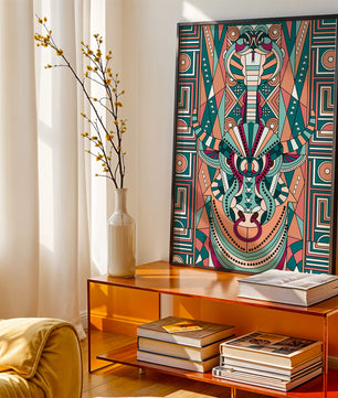 Arte tribal geométrico con motivos de serpiente y toro