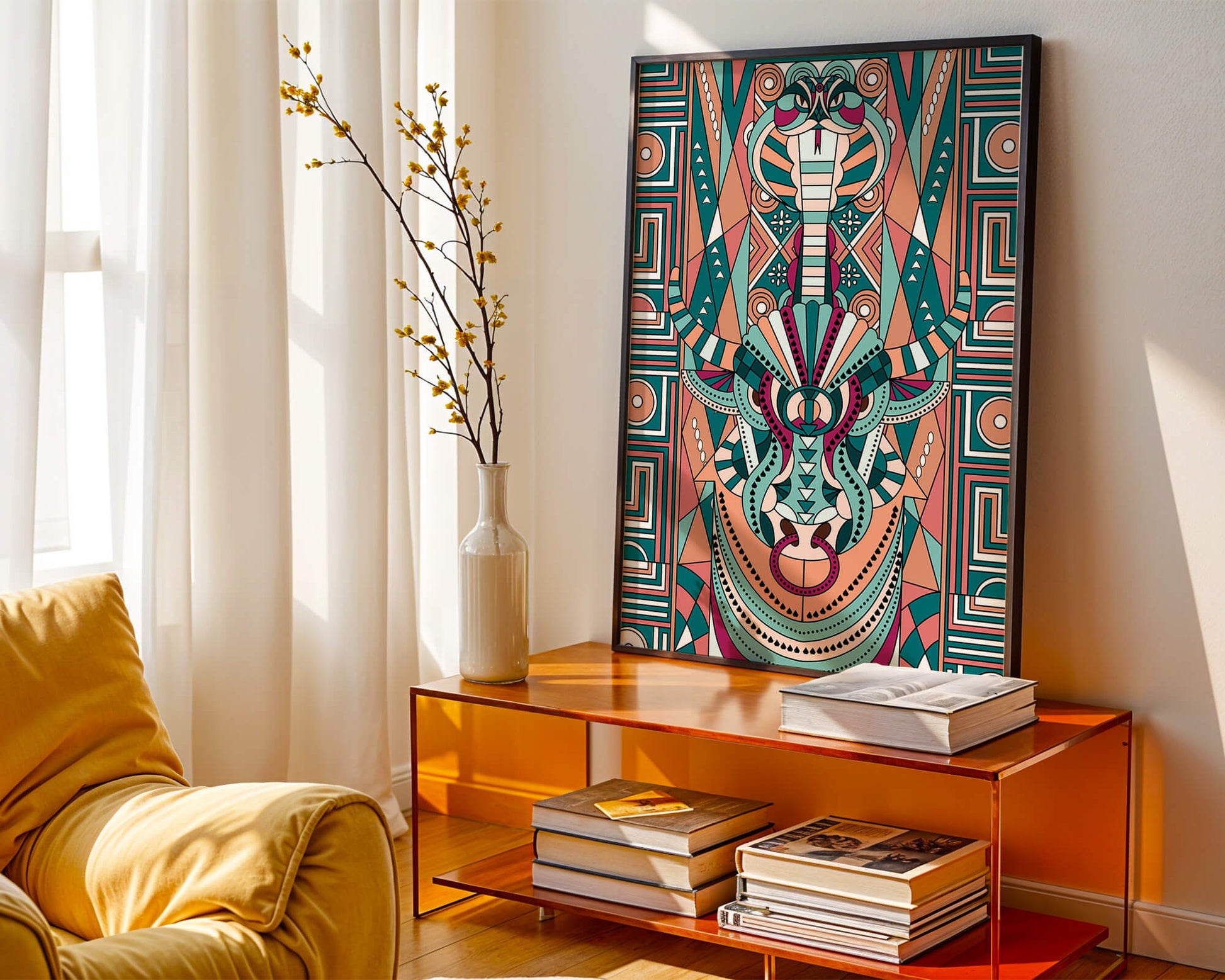 Arte tribal geométrico con motivos de serpiente y toro