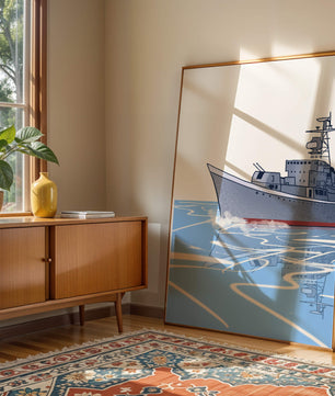 Illustrative depiction of a warship sailing on calm waters