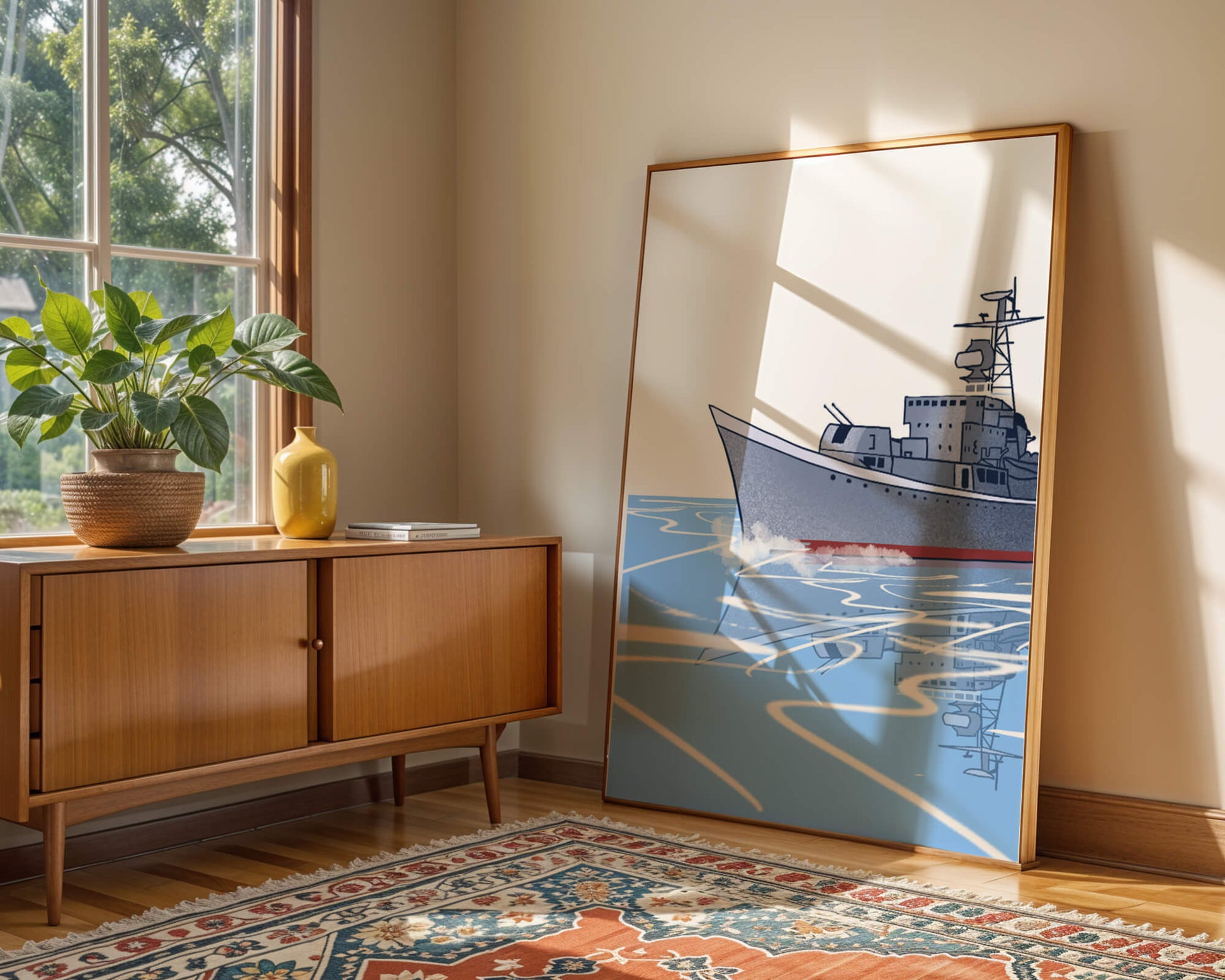 Illustrative depiction of a warship sailing on calm waters