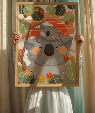 Koalas dans un cadre naturel vibrant aux tons orange et verts