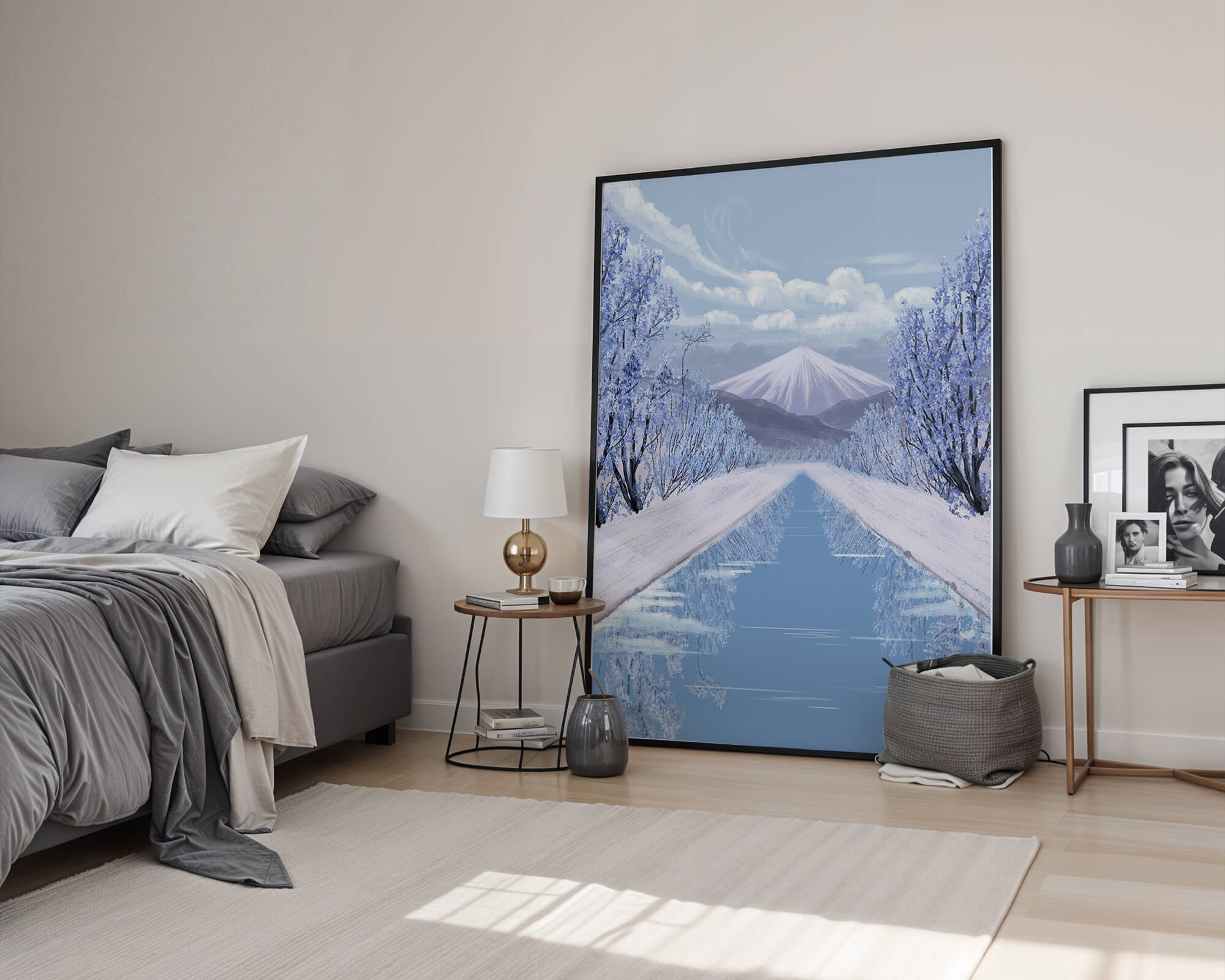 Serene winter landscape with mountain and snowy trees reflecting in water