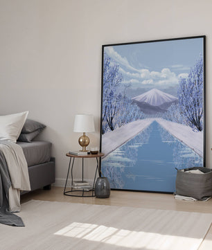 Serene winter landscape with mountain and snowy trees reflecting in water