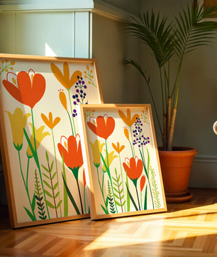 Bright Floral Illustration with Orange, Yellow, and Purple Flowers in Bold Colors