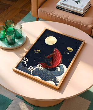 Traditional Japanese koi fish art with moonlit waves and clouds
