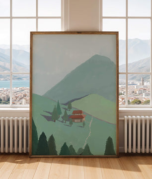 Ruhige Berglandschaft mit Haus und Bäumen