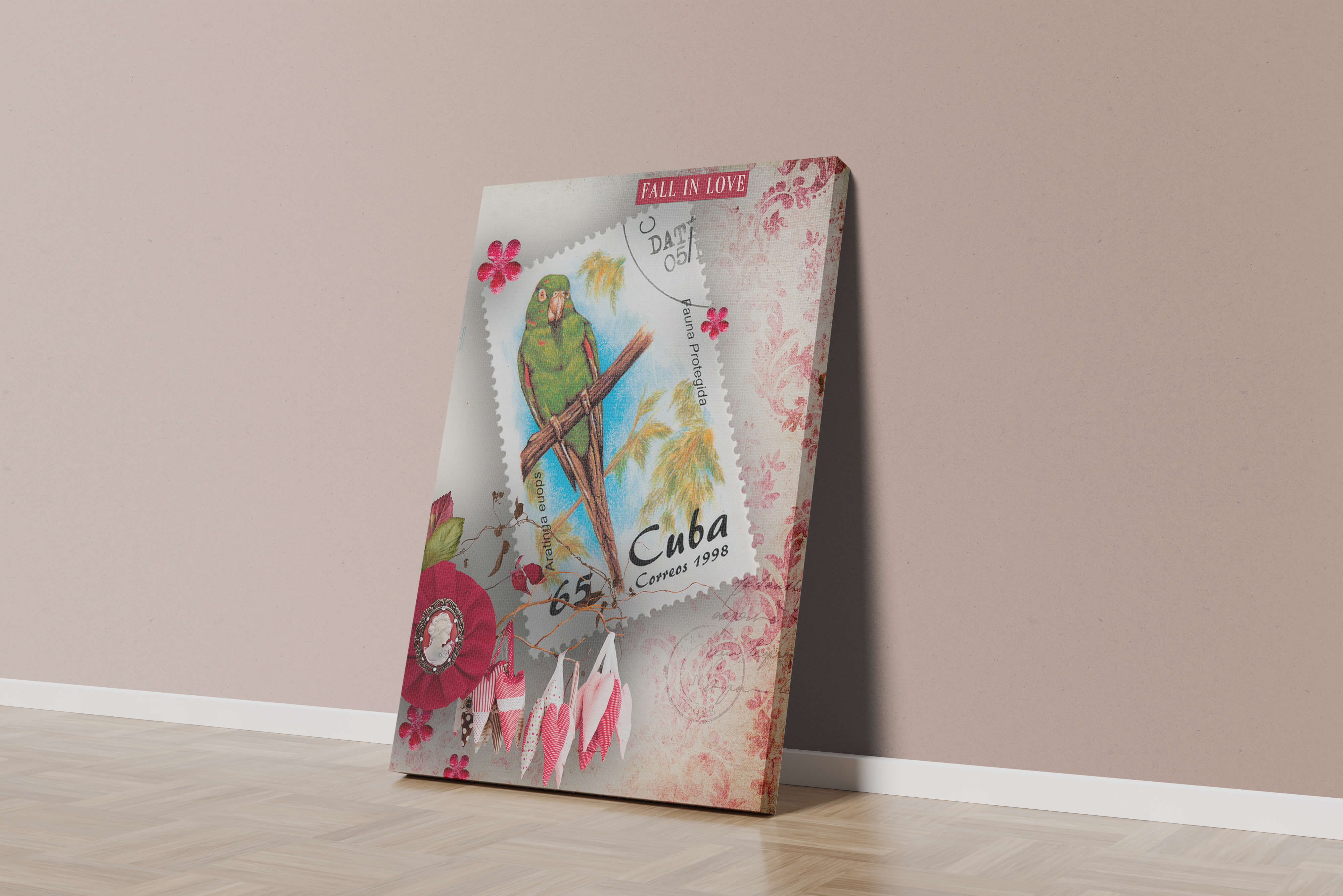 Vintage Cuban parrot stamp with romantic decorations