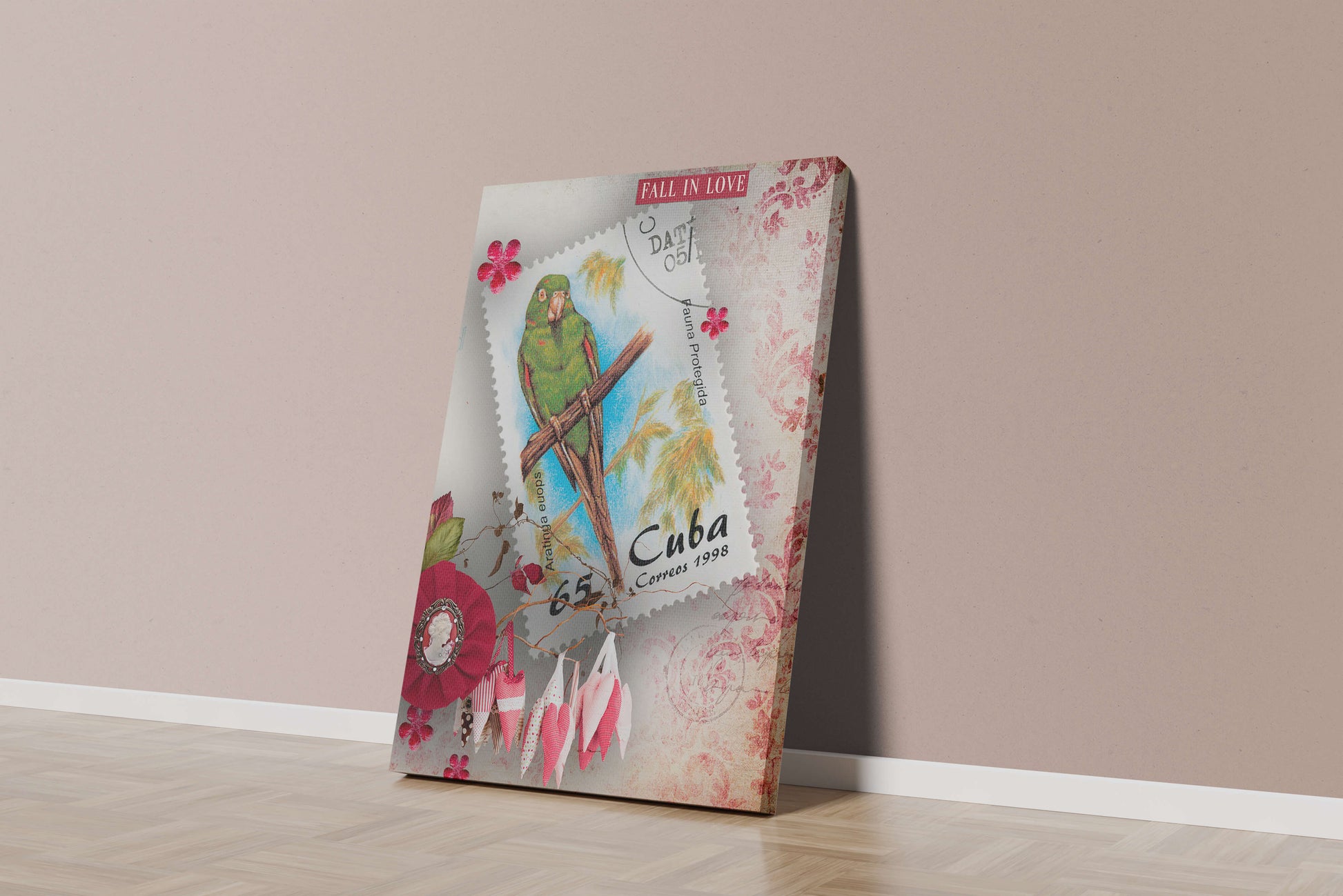 Vintage Cuban parrot stamp with romantic decorations