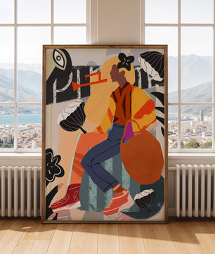 Colorful abstract fashion illustration with floral and geometric elements