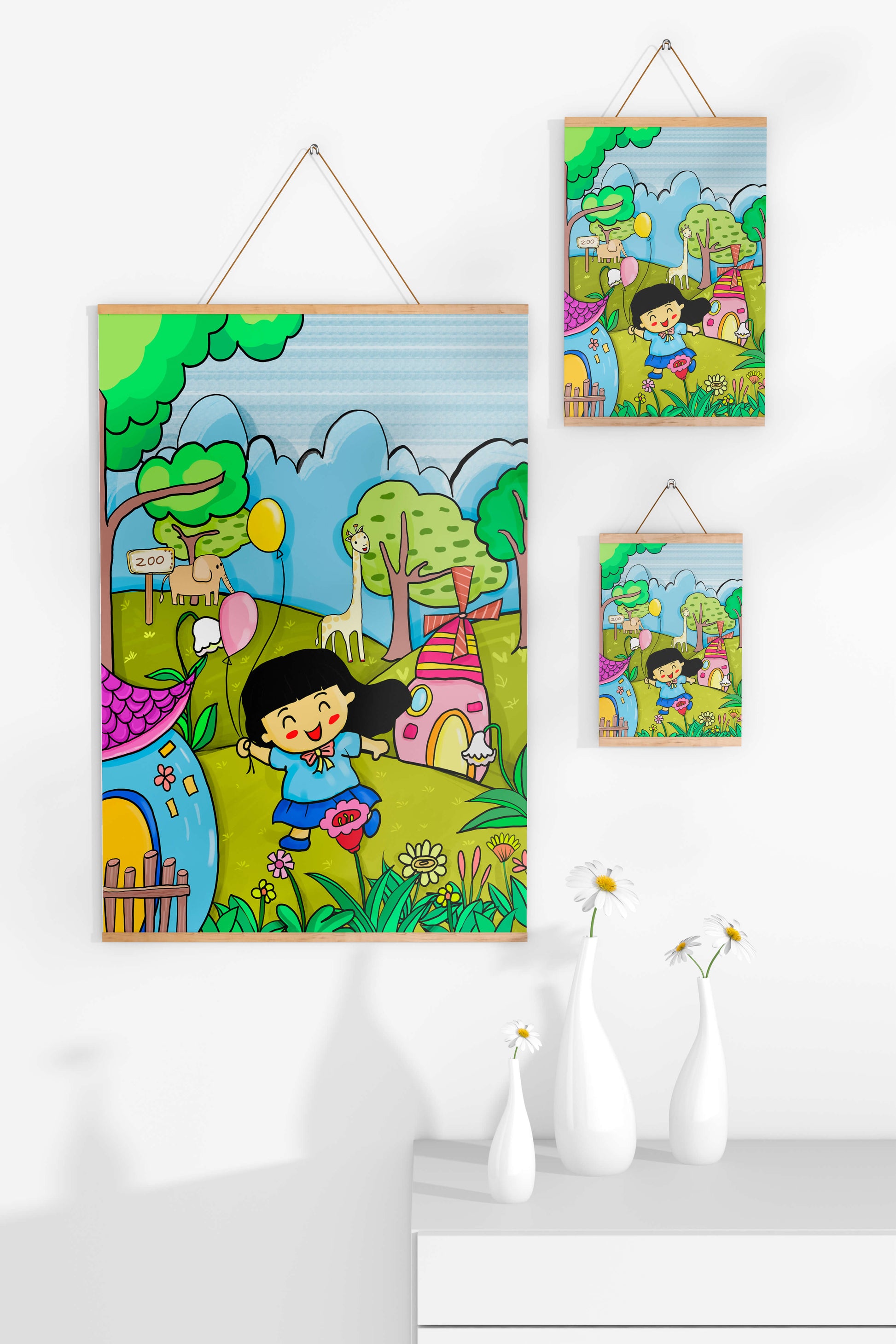 Colorful children's illustration of a joyful zoo visit with animals