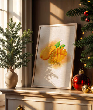 Watercolor depiction of a ripe mango with leaves on textured background