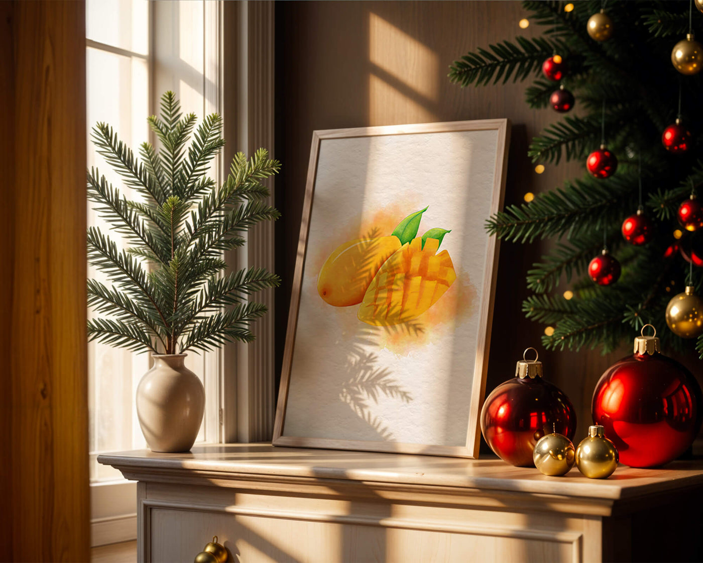 Watercolor depiction of a ripe mango with leaves on textured background