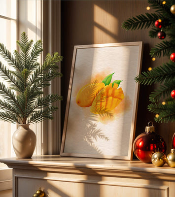Watercolor depiction of a ripe mango with leaves on textured background