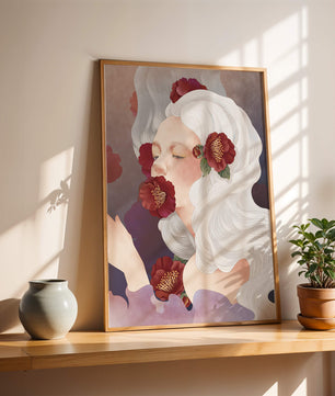 Retrato onírico de una mujer con cabello blanco y flores rojas