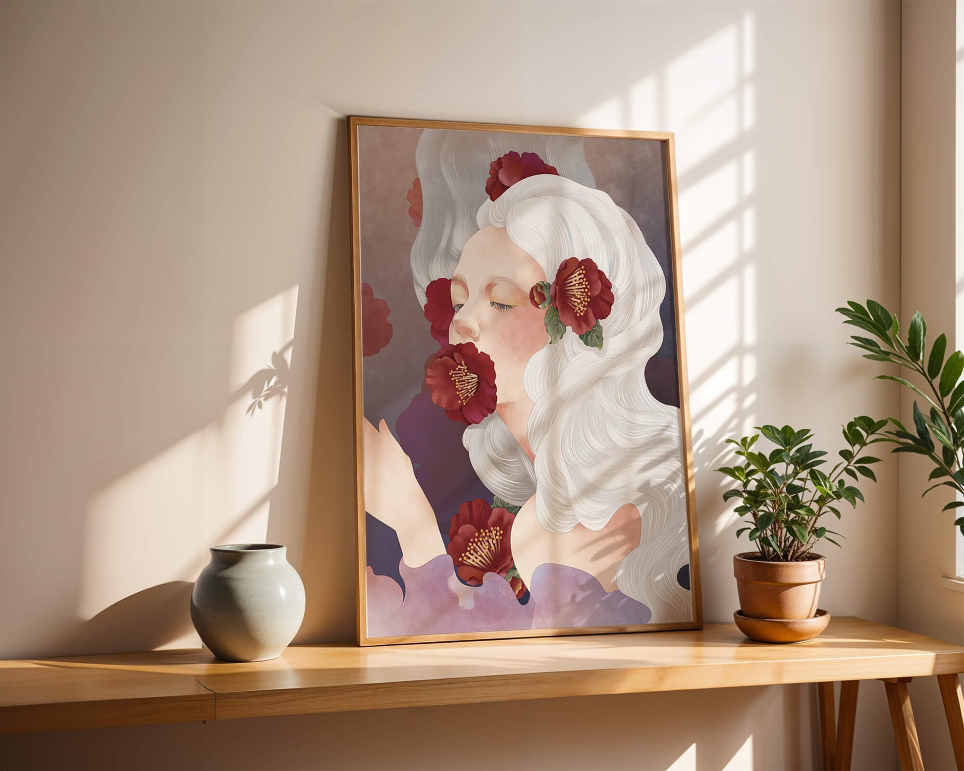 Dreamy Portrait of a Woman with White Hair and Red Flowers