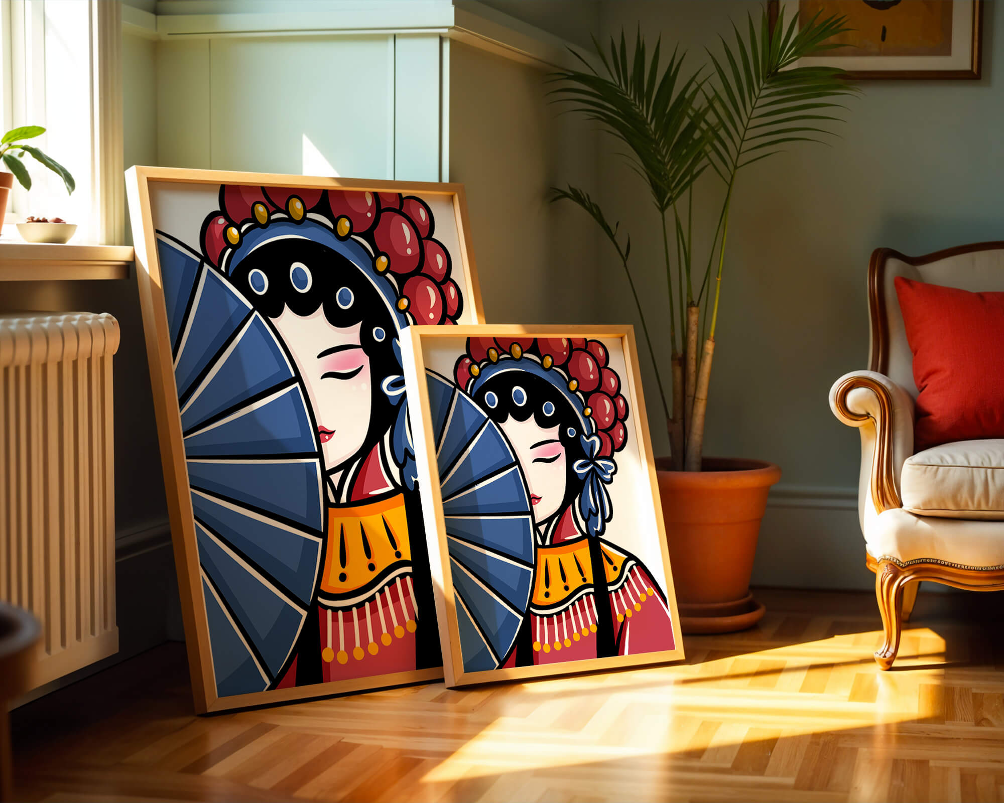 Traditional Asian opera character with fan and decorative headpiece