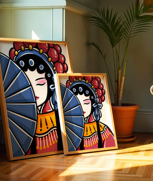 Traditional Asian opera character with fan and decorative headpiece