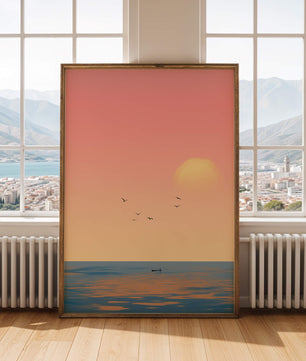 Amanecer Sereno sobre el Océano con un Barco Solitario y Pájaros en Vuelo