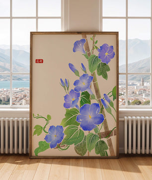 Obra floral delicada con glorias matutinas azules vibrantes