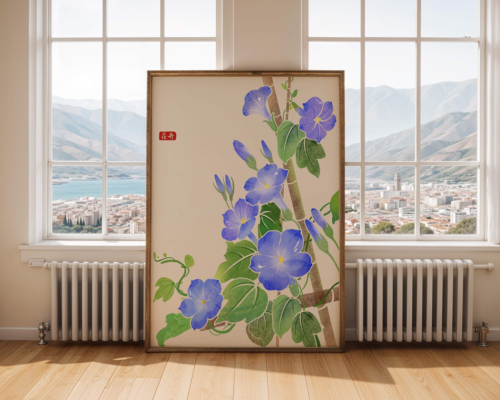 Obra floral delicada con glorias matutinas azules vibrantes