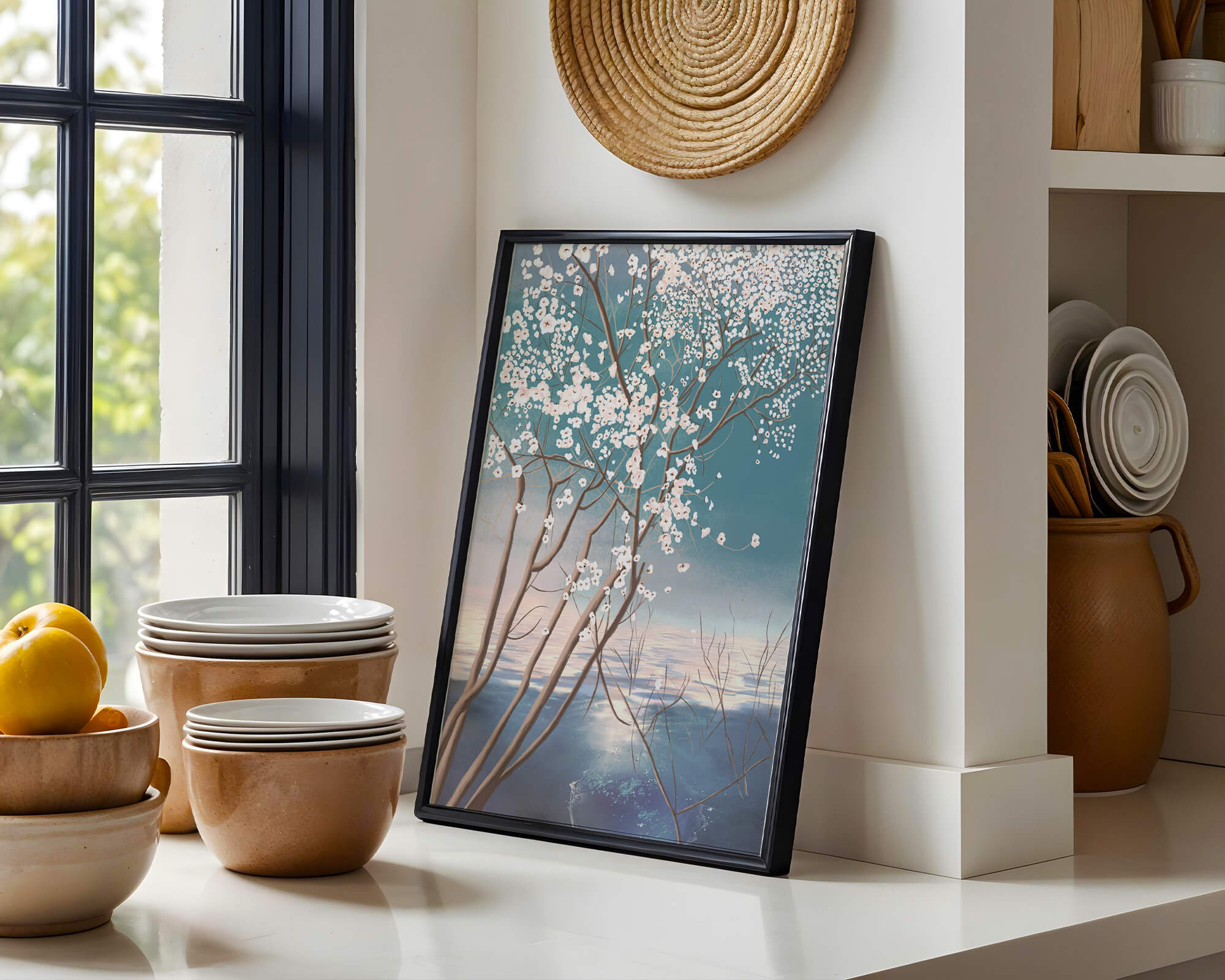 Serene landscape with blossoming tree over calm water reflection
