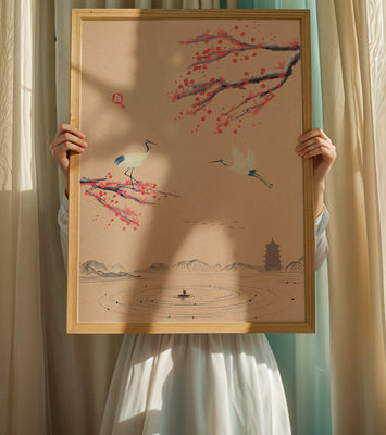 Elegant Asian landscape with cranes and cherry blossom branches