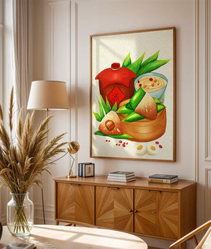 Illustrated traditional Chinese food with zongzi and rice wine