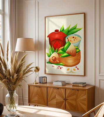 Illustrated traditional Chinese food with zongzi and rice wine