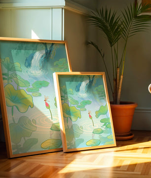 Serene pond scene with lotus leaves and waterfall