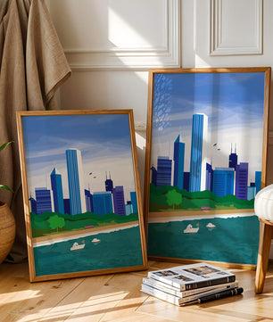 Paisaje urbano moderno con skyline y frente al agua en un estilo vibrante