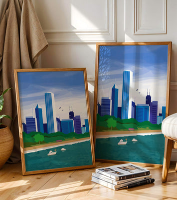 Modern cityscape with skyline and waterfront in a vibrant style