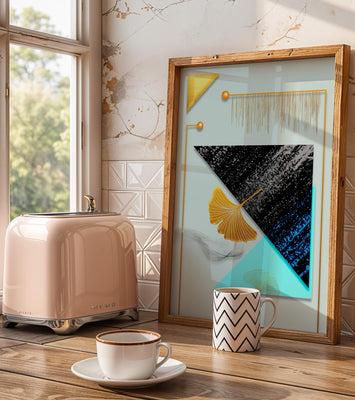 Abstract Composition with Geometric Shapes and Gold Ginkgo Leaves