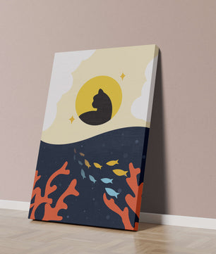 Ruhiges abstraktes Design mit Katzensilhouette und lebendiger Unterwasserszene