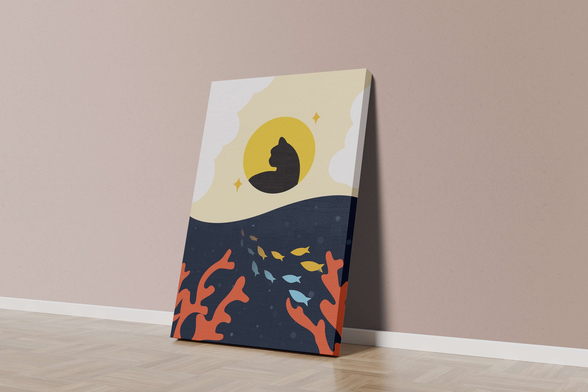 Ruhiges abstraktes Design mit Katzensilhouette und lebendiger Unterwasserszene