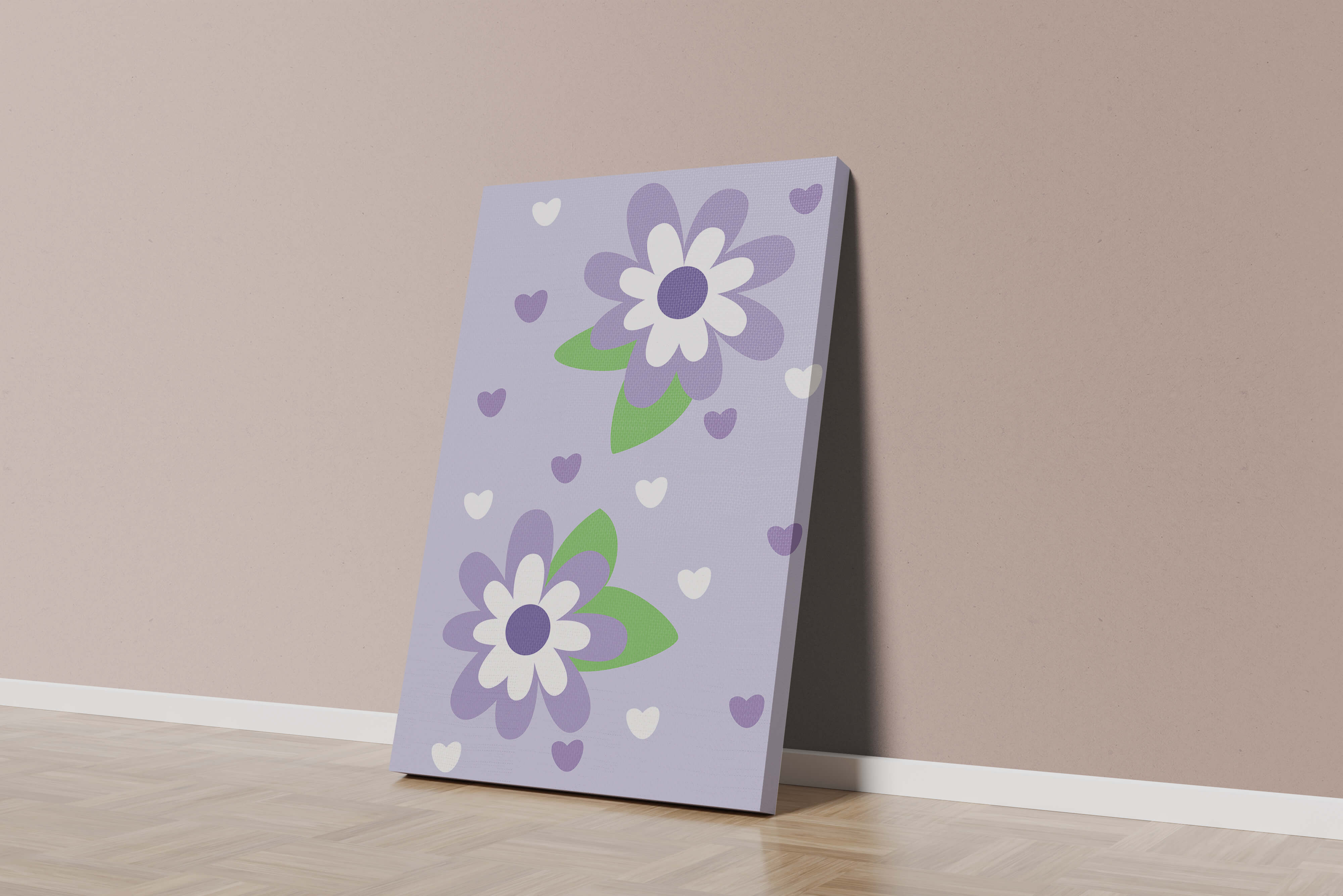Elegant purple floral pattern with green leaves and heart accents