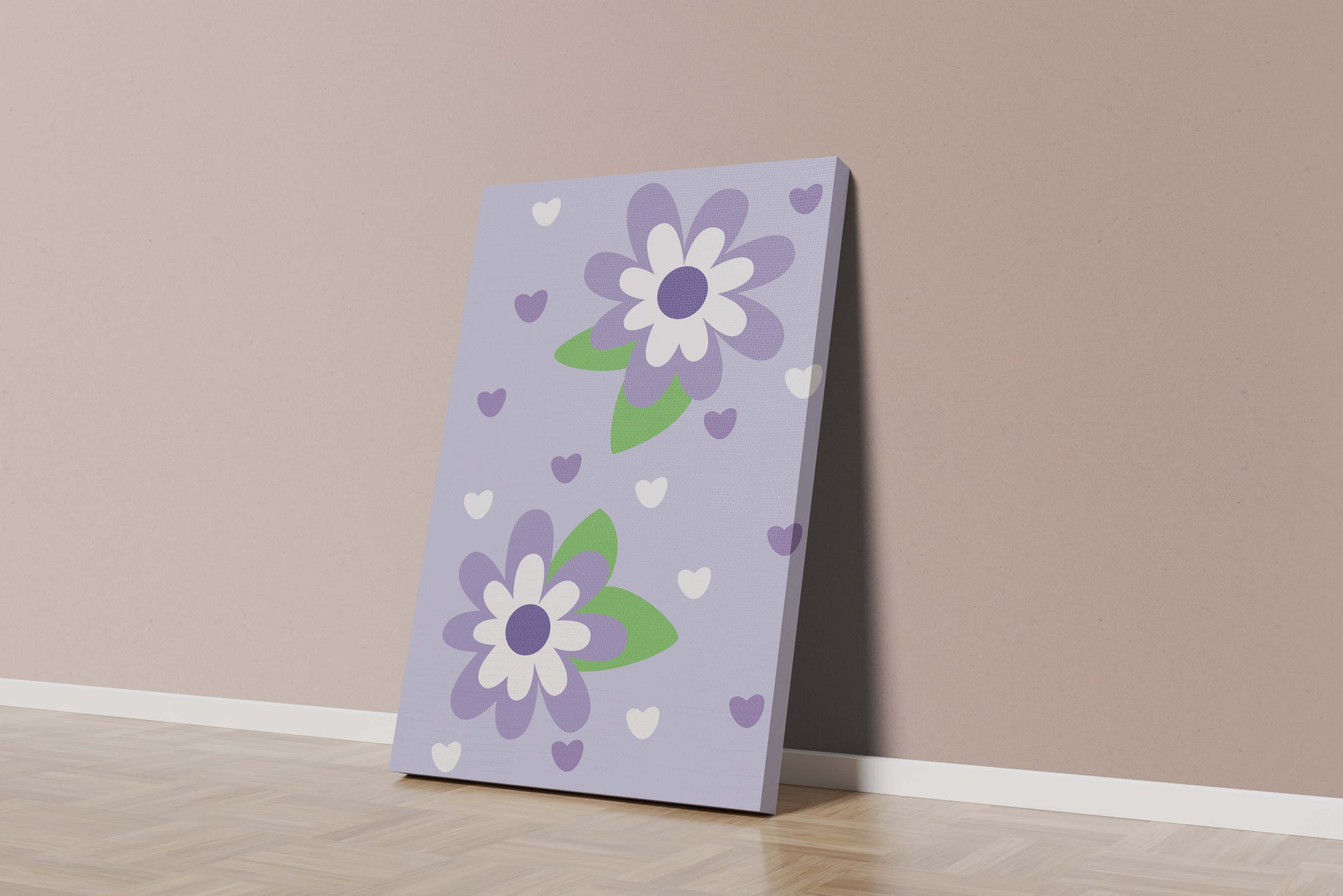 Elegant purple floral pattern with green leaves and heart accents