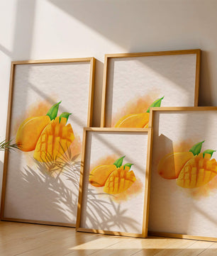 Watercolor depiction of a ripe mango with leaves on textured background