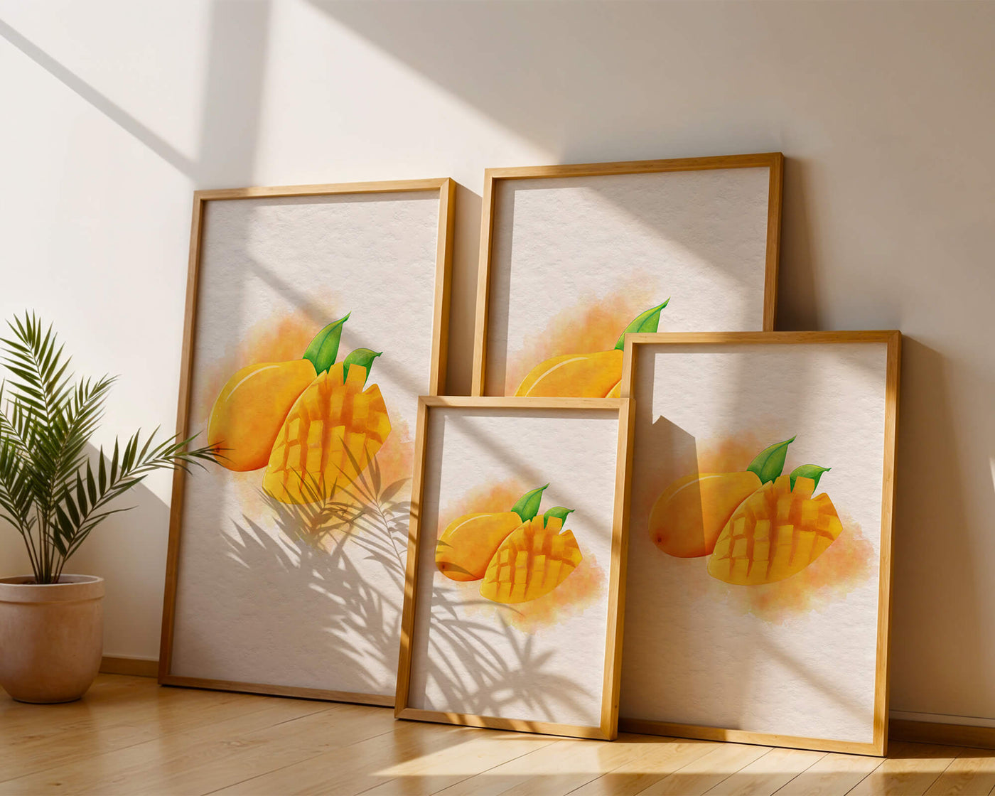 Watercolor depiction of a ripe mango with leaves on textured background