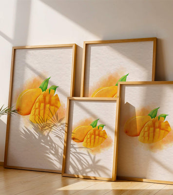 Watercolor depiction of a ripe mango with leaves on textured background