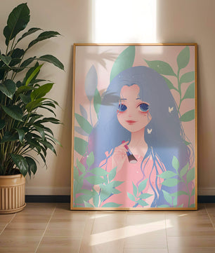Illustration of a blue-haired girl surrounded by greenery