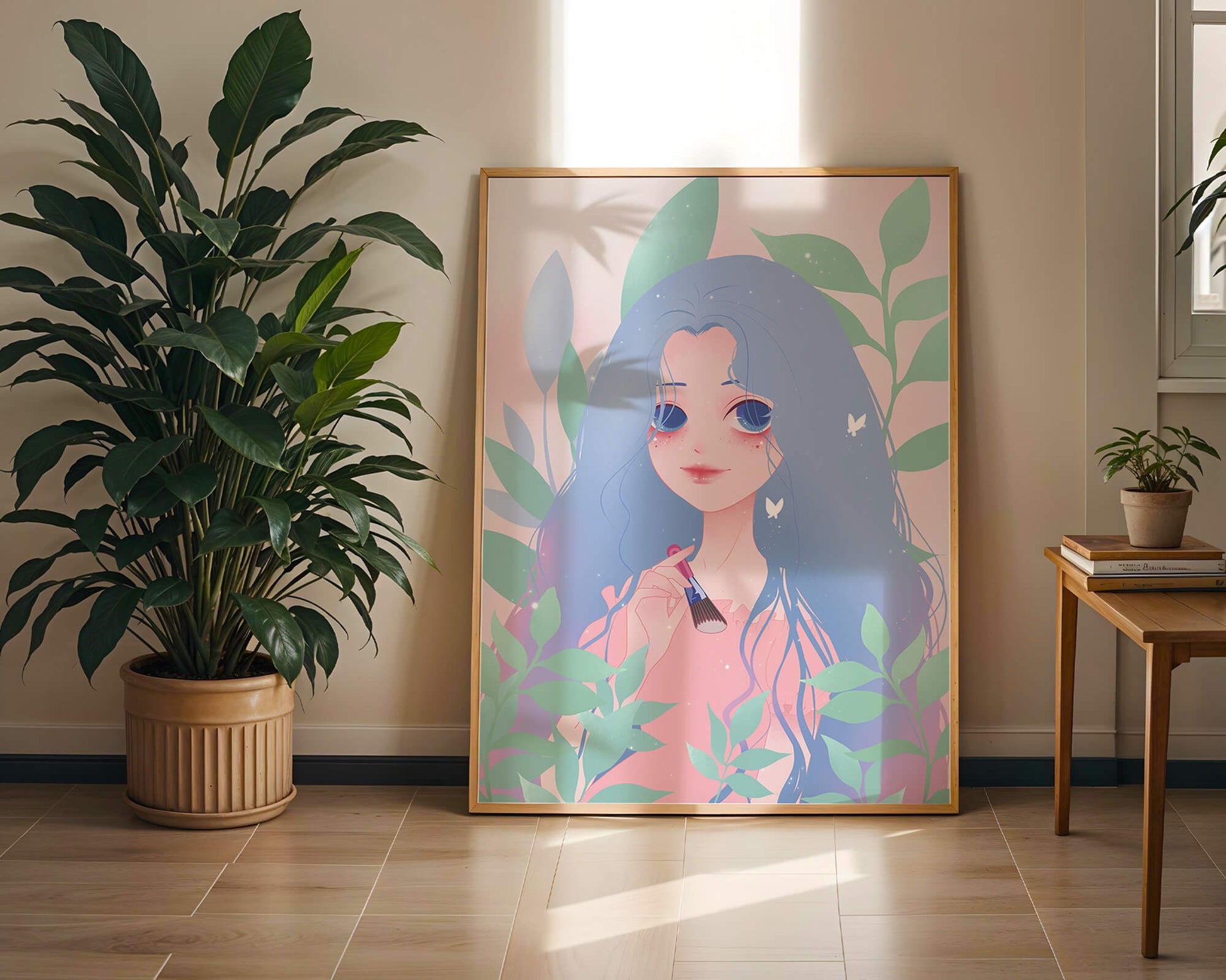 Illustration of a blue-haired girl surrounded by greenery