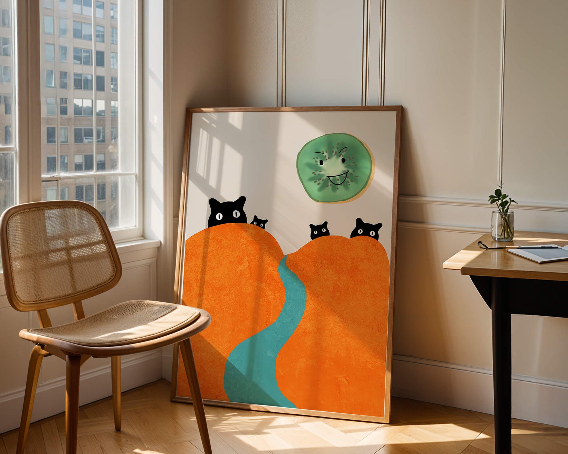 Playful Cats and Smiling Kiwi in Vibrant Hills
