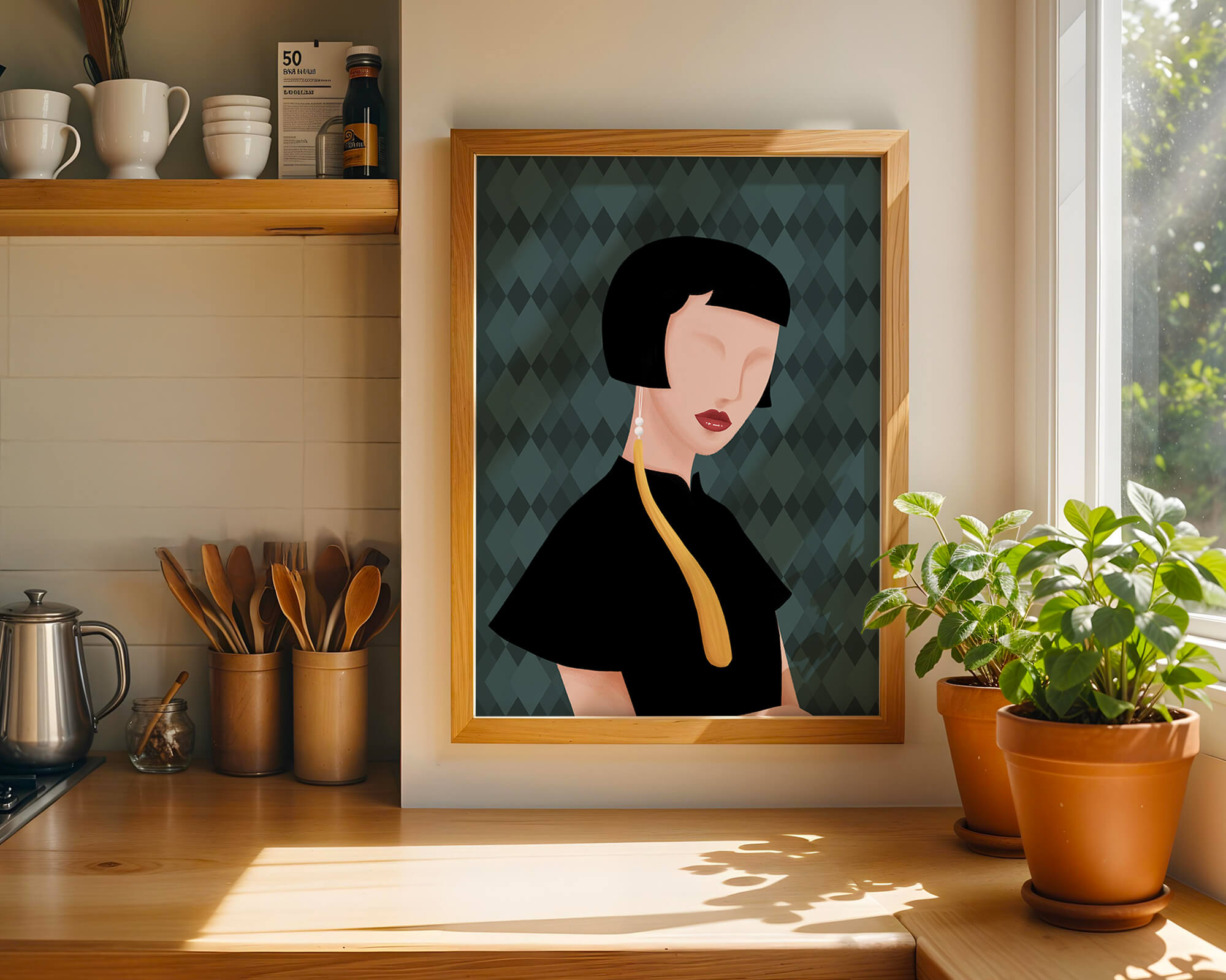 Elegant woman with short hair and golden earring on patterned background