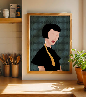 Elegant woman with short hair and golden earring on patterned background